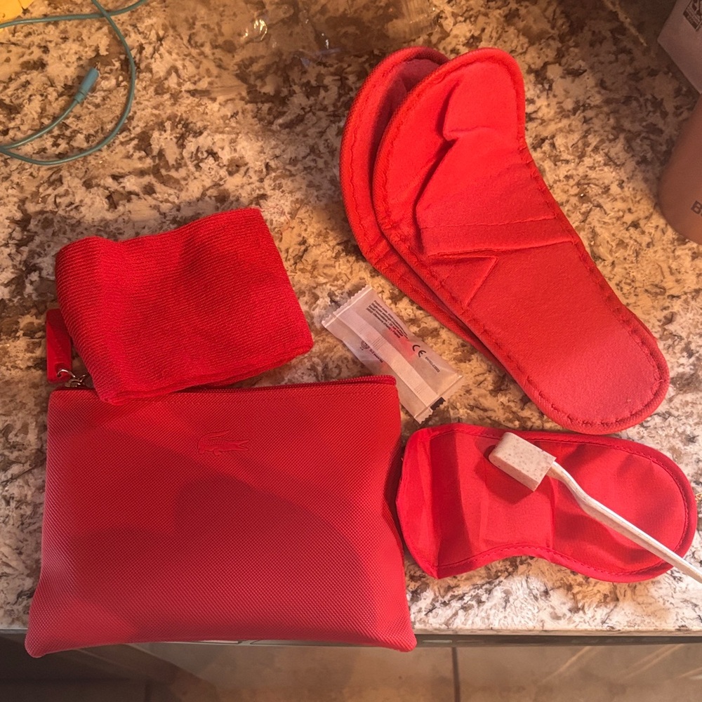 Izod Red Travel Accessory Set - Slippers, Eye Mask, Pouch